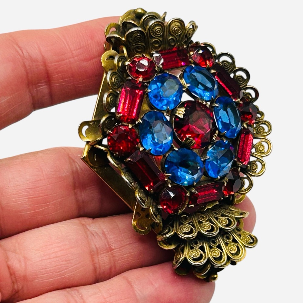 Large Sapphire Blue & Ruby Red Rhinestone Filigree Dress Clip